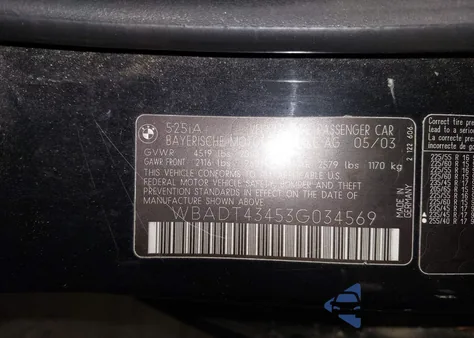 2003 BMW 525Ia z USA, uszkodzony, nr VIN WBADT43453G034569